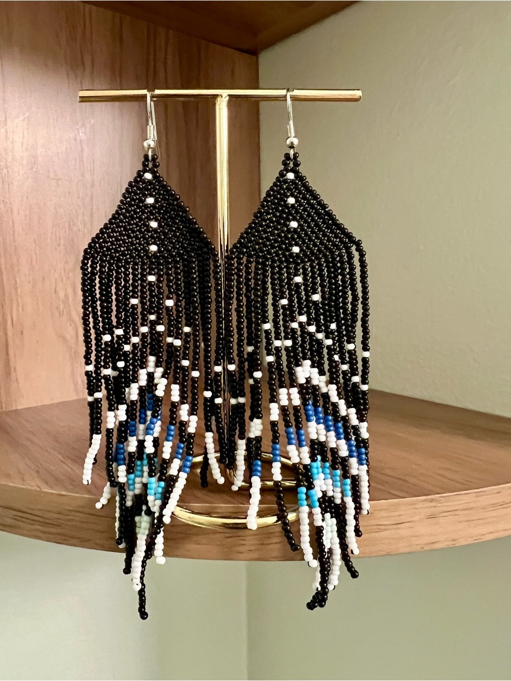 Stylish Black, White & Blue Beaded Fringe Earrings